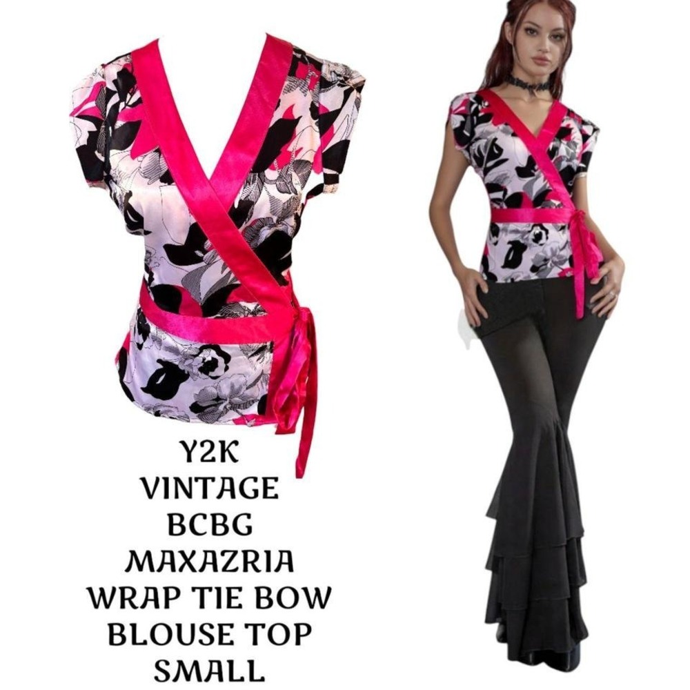 Y2K VINTAGE BCBG MAXAZRIA PINK BOW TIE WRAP PRINT TOP BLOUSE SMALL.